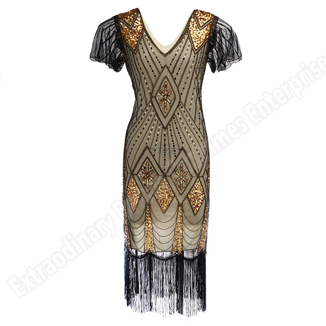 Golden Платье Грейт Гэтсби, женское, 1920 s, Ретро стиль, с блестками, арт-деко, двойное, Хлопушки, платья, Винтаж, v-образный вырез, вечерние платья, украшенные бахромой - Цвет: Golden