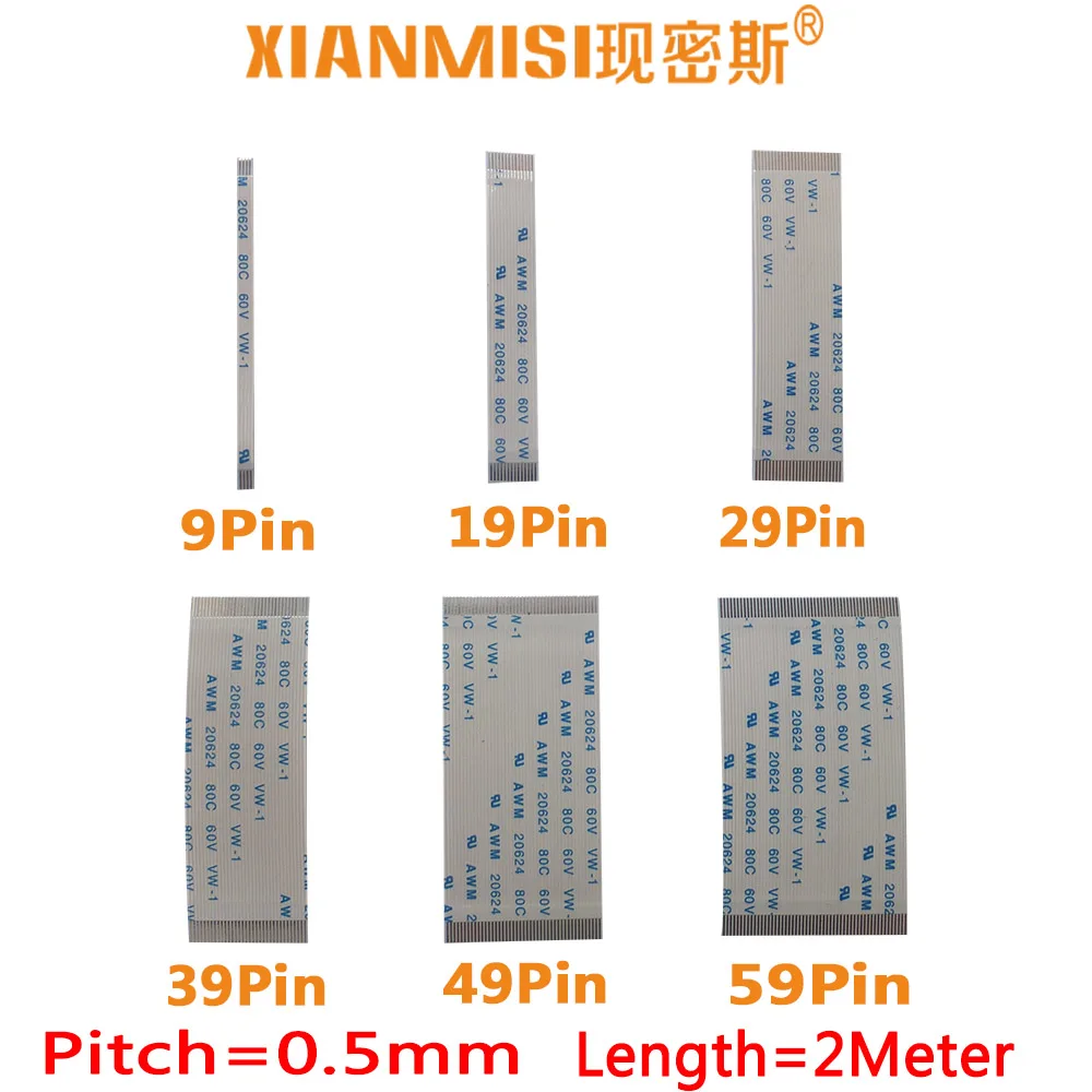 

FFC FPC Flat Flex Extension Cable 9Pin 19Pin 29Pin 39Pin 49Pin 59Pin Same Side 0.5mm Pitch AWM 20624 60V Length 2Meter 5PCS