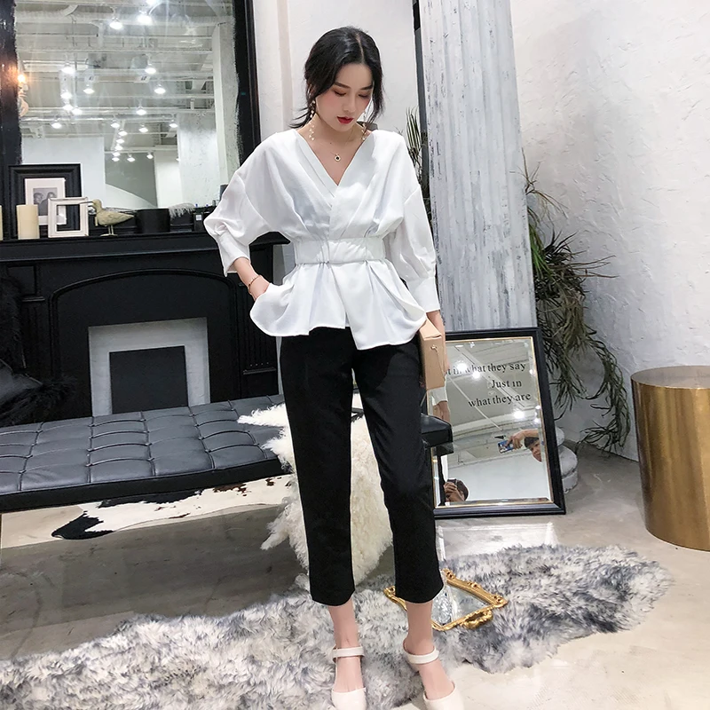 Корейская модная Женская комплект из 2 предметов Топ и штаны элегантные женские