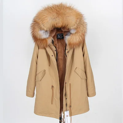 Khaki gold fur Бренд, женская зимняя куртка, длинная, съемная подкладка, армейский зеленый цвет, парка, большая, натуральный мех енота, пальто с капюшоном, верхняя одежда - Цвет: Khaki gold fur