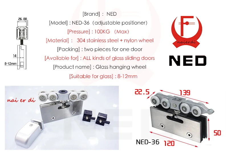 NED регулируемые раздвижные стеклянные двери ролики и вешалки подвесные колеса