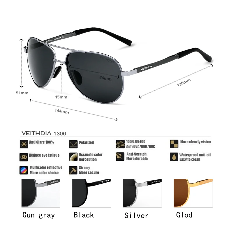 VEITHDIA Brand Men's Pilot Polarized Sunglasses men Sun Glasses Alloy Frame Driving oculos de sol masculino shades 1306 | Аксессуары