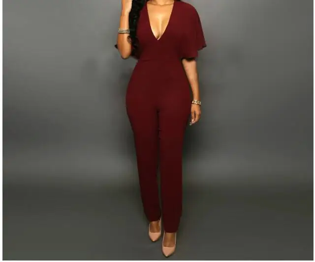 Women Sexy Jumpsuits 2022 New Summer Ruffle Sleeve  Deep V-Neck  Slim Long Pencil  Pants Jumpsuit Backless Romper