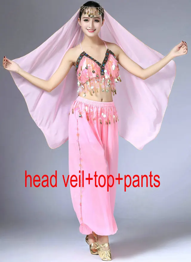 Veil Top Pants Костюм для танца живота с блестками для девочек топ бюстгальтер на бретельках с завязкой вуаль Женская Клубная одежда костюм комплект фестиваль Болливуд Восточный танец наряд - Цвет: Veil Top Pants