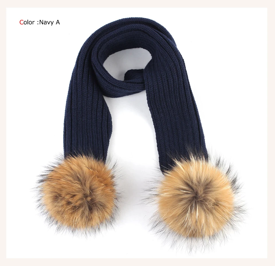 Geebro Kids Knitted Scarf With Double Raccoon Fur Pompom Boys and Girls Cashmere Plain Shawl Wrap Winter Warm Accessories DQ867