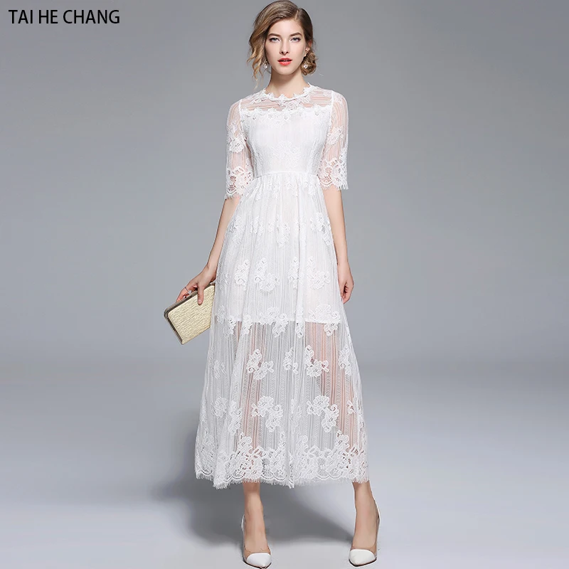 

women new fashion summer elegant vestidos slim bodycon white casual party runway dress sexy lace long dresses
