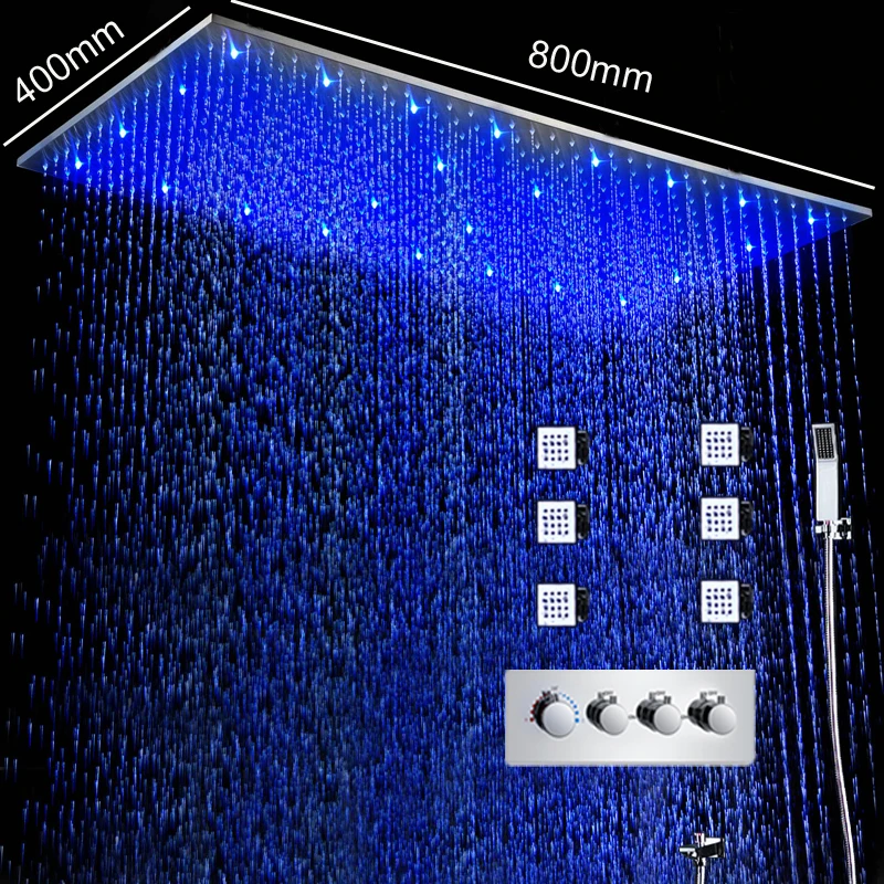 

Luxury Shower System LED Large Rain Shower Faucets thermostatic 3 Way Bath Mixer Set/ High Flow Shower Massgae Body Jets