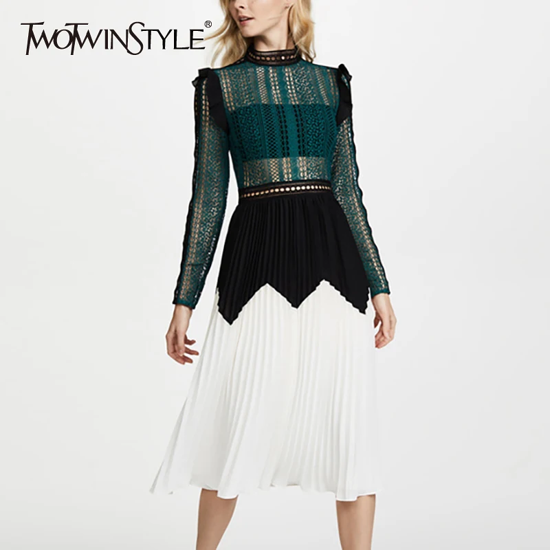 Платье TWOTWINSTYLE кружевное с вырезом стойкой и высокой талией|pleated dress|patchwork dressdress