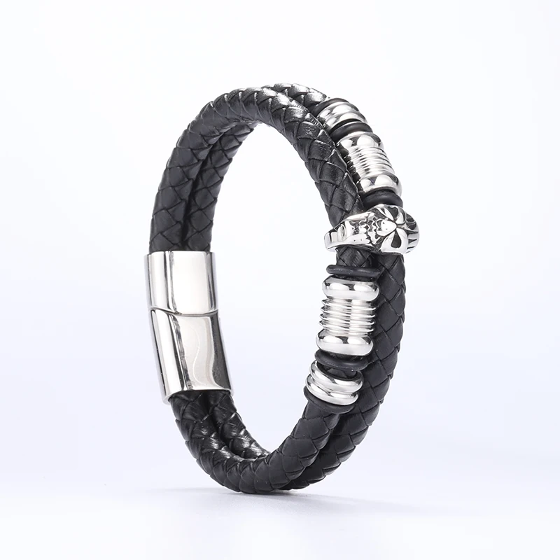 Singreal Punk Genuine Leather Bracelet for Men Jewelry Stainless Steel Beads Skull Magnetic Clasp Black Rope | Украшения и
