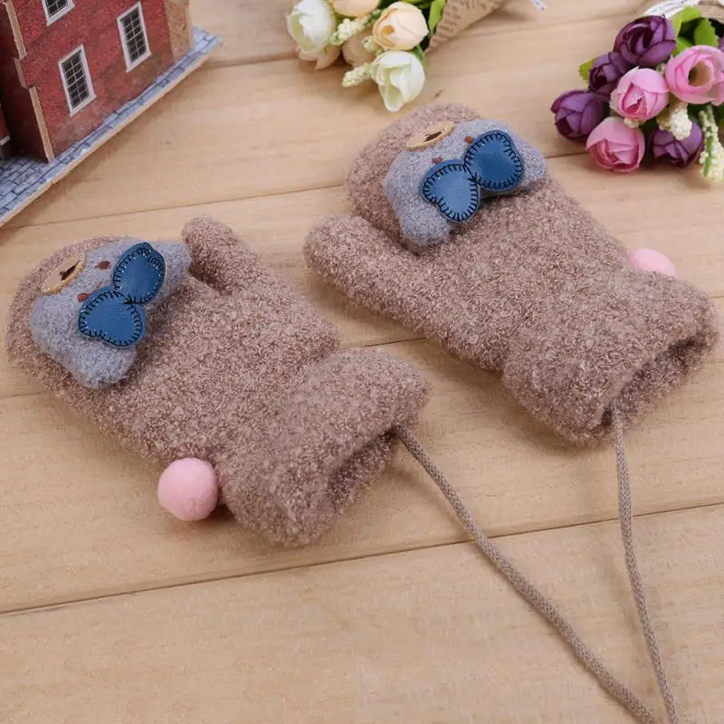 2017 Winter Baby Cartoon Bear Gloves Warm Boy Girl Windproof Hand Muff Fashion Kids Child Full Finger Knitted Mittens Ski | Детская