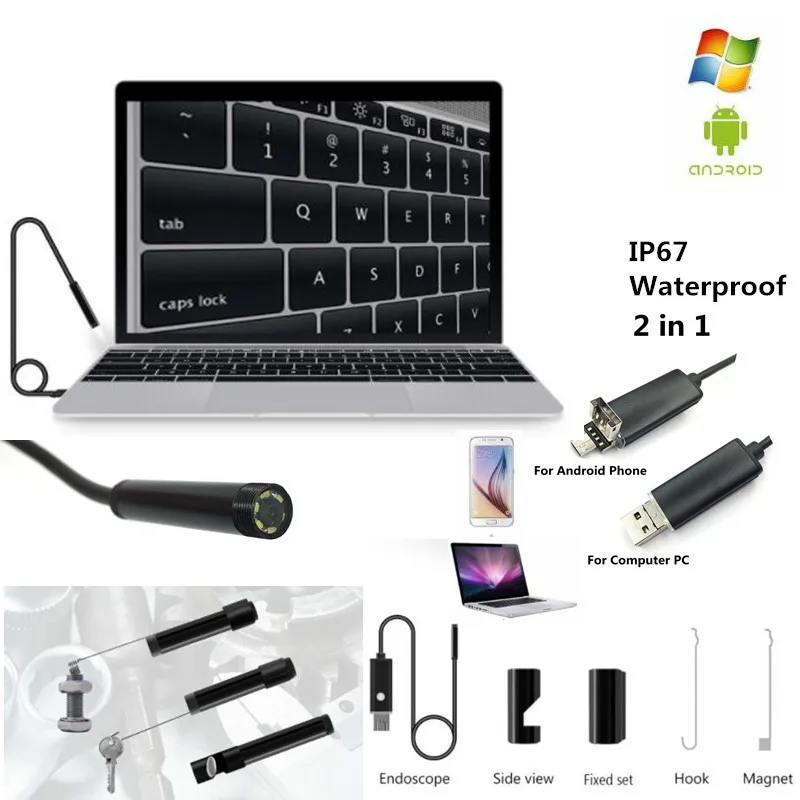 Водонепроницаемый USB кабель 5 мм 7 1 м 2 10 6 светодиосветодиодный эндоскоп для Android 1/9