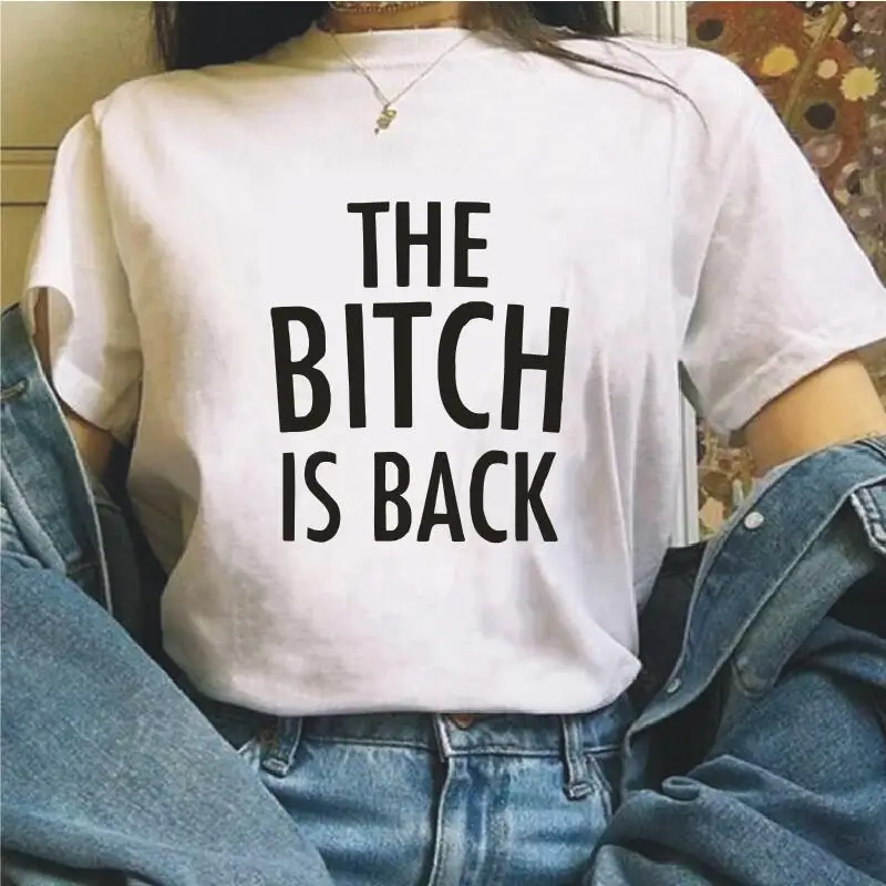 Женская хипстерская футболка The Bitch Is Back Tumblr черно белая хлопковая забавные