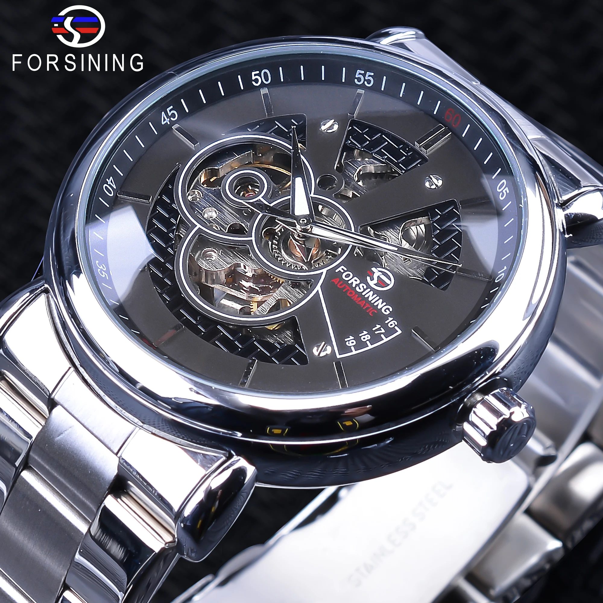 Часы мужские механические черные серебристые из нержавеющей стали | Наручные