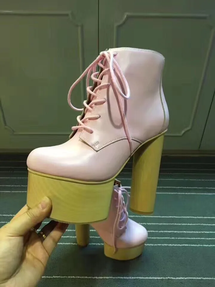 Женские ботильоны на платформе черные кожаные зимние botas mujer Кружево до мотоцикла botines 14 см Вуди женская обувь на высоком каблуке botines - Цвет: Розовый