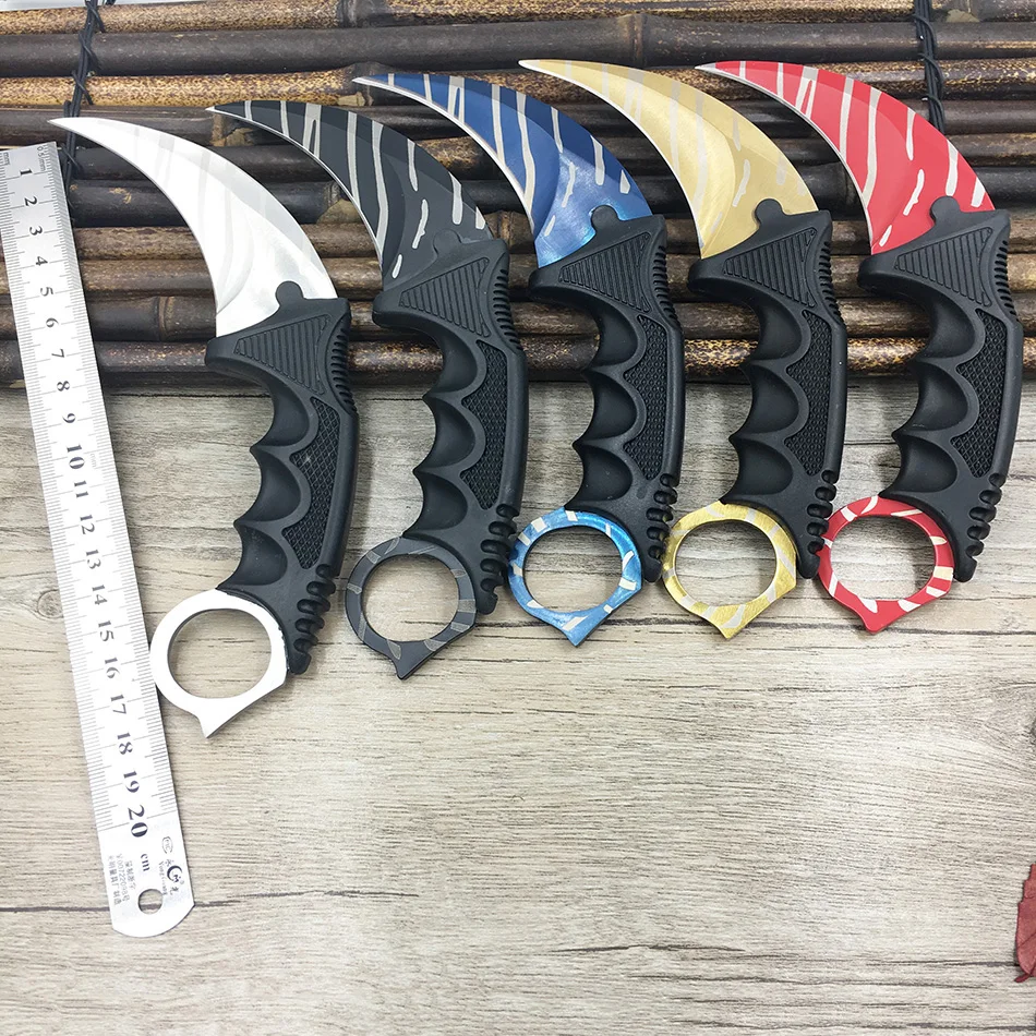 Cuchillo de Karambit con hoja de fijación para campamento, cuchillo de cuello con vaina, diente de Tigre, cuchillo de juego Real, arco iris