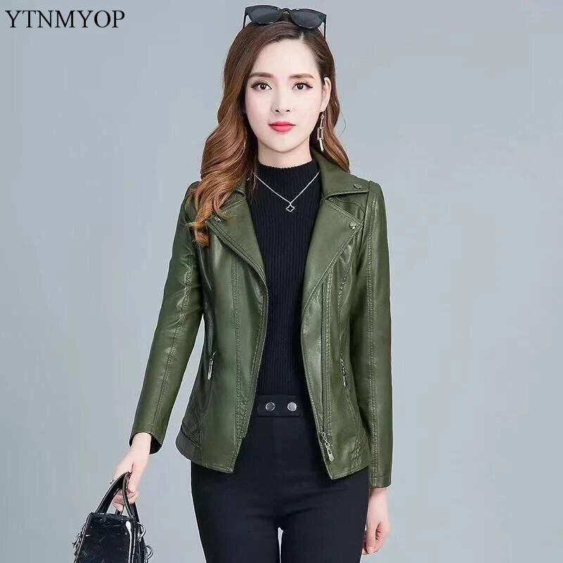 YTNMYOP 2023 Women Leather Jackets 5XL Army Green Faux Leather Coat Female Leather Clothing Casual Outerwear