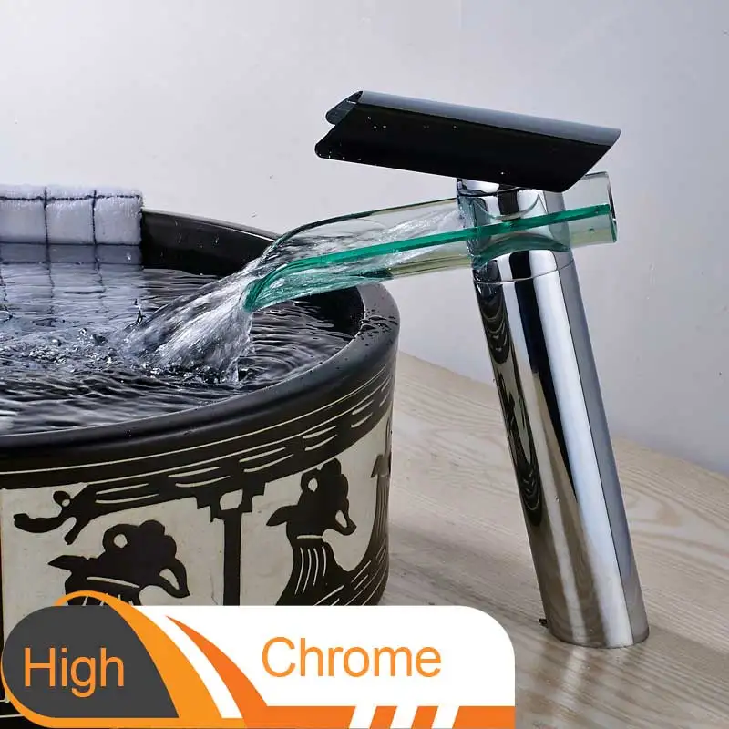 High Chrome Стеклянный водопад, кран для раковины, одна ручка, одно отверстие, для ванной комнаты, смесители для горячей и холодной воды, санузел, раковина, кран для мытья - Цвет: High Chrome