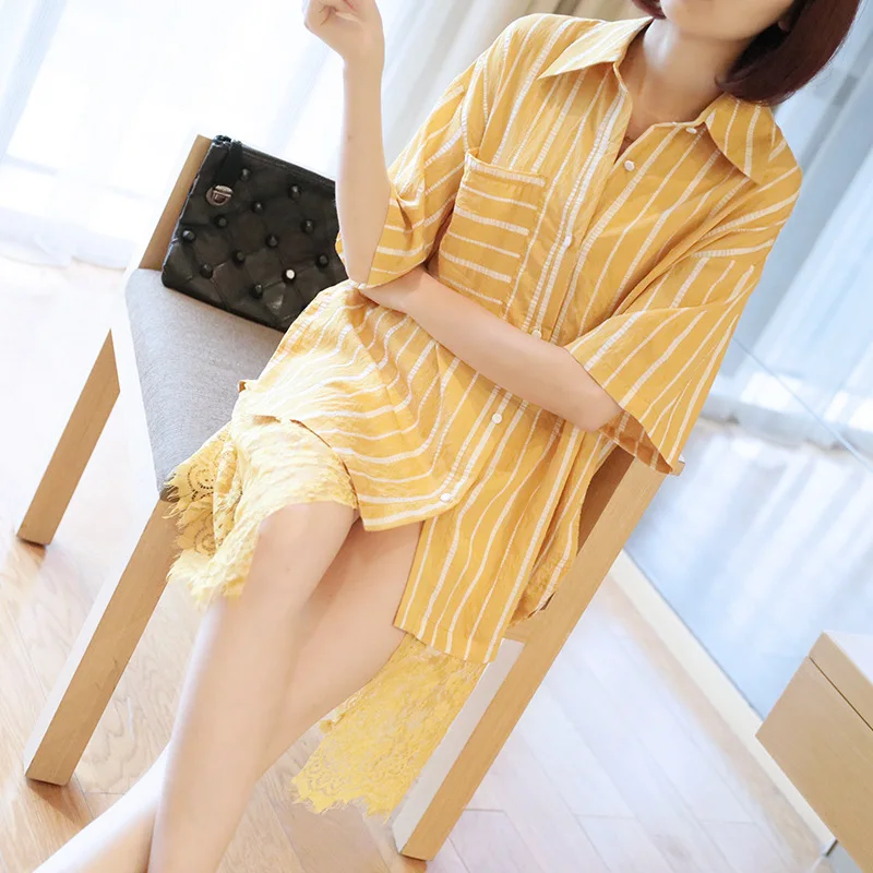 

Short-sleeved lace stitching dress 2019 summer new women's long stripe large size loose shirt