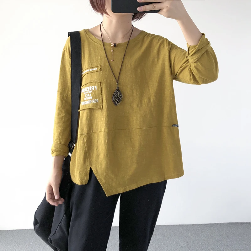 Футболка из хлопка повседневная новый стиль трикотажная женская длинный рукав