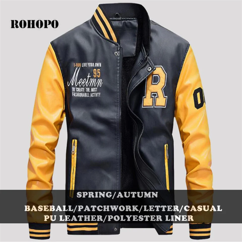 ROHOPO Baseball Jacket Man Patchwork Leather Bomber Men Casual Pilot Brand Spring PU Sportswear Outwear | Мужская одежда