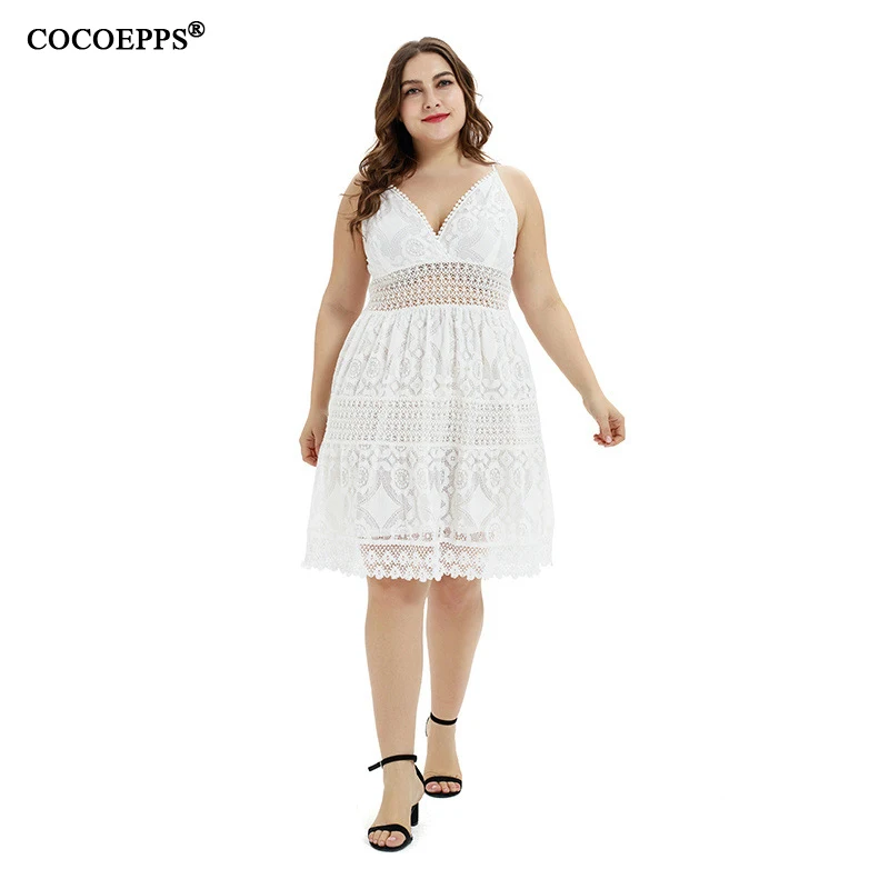 2019 Elegant Women Hollow Out Lace Dress Woman Sexy Spaghetti Strap V Neck White Plus Size Clothing Vestidos | Женская одежда