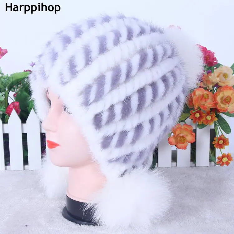 HARPPIHOP разноцветная норковая шапка женская зимняя меховая теплая шапка с ушками модная Милая настоящая норковая вязаная шапка из натурального меха