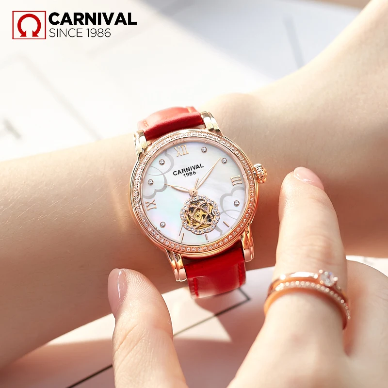 Карнавал турбийон Новинка 2018 Автоматический Скелет Reloj femenino жемчужная оболочка