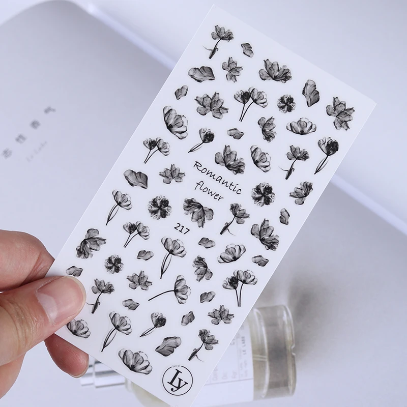 3D наклейка для ногтей с черными чернилами романтическая картина полупрозрачная
