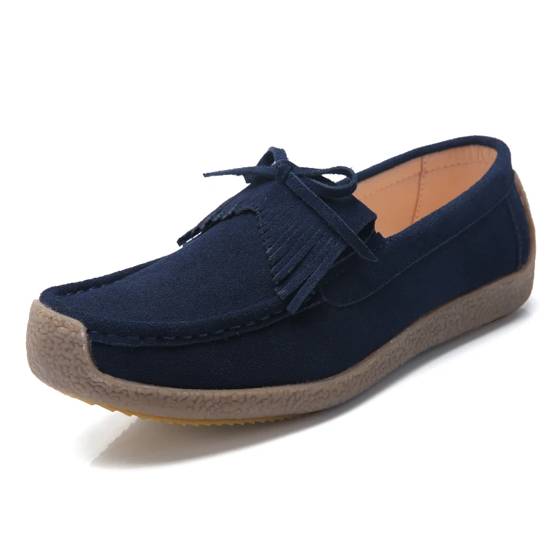 Slip on Blue WeiDeng/повседневные женские лоферы из натуральной кожи ярких цветов на плоской подошве с мехом; мягкие теплые тапки для дома помещений; нескользящая обувь на шнуровке - Цвет: Slip on Blue