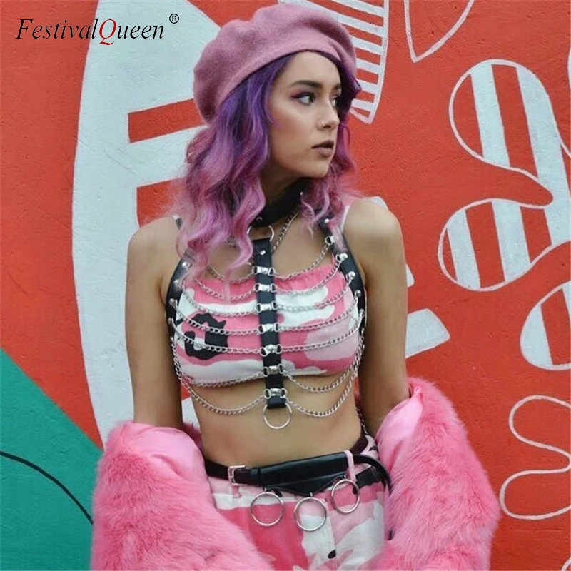 FestivalQueen сексуальный короткий топ из искусственной кожи с металлической драпировкой и цепочкой, лоскутный женский топ с открытой спиной для ночного клуба