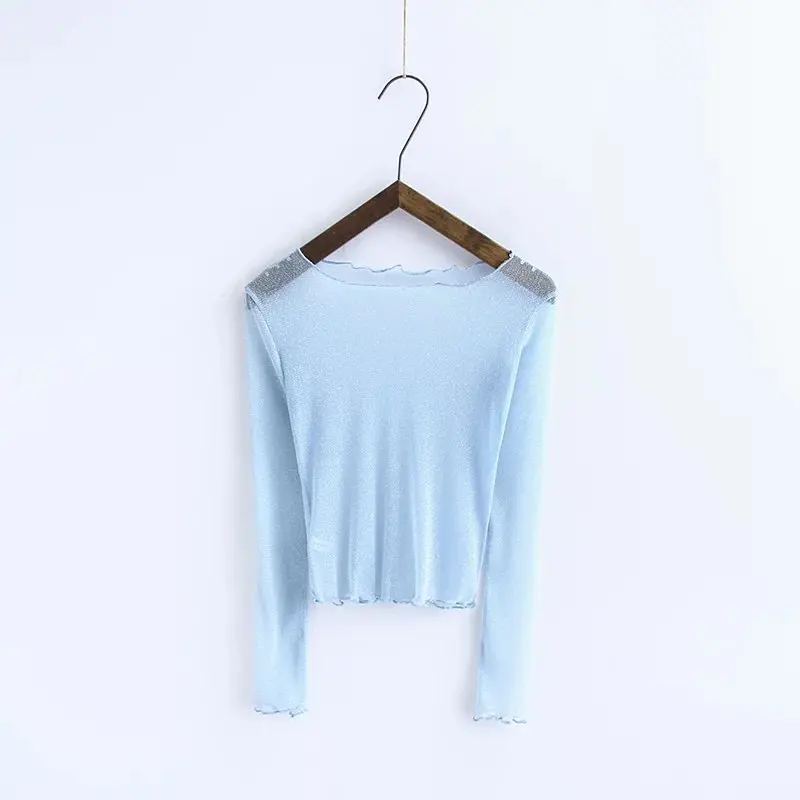 Moda jihan новые женские футболки перспективная сетка Блестящий кроп топы с гофрированной отделкой 3/4 рукав топы футболки Рене блеск Топы И Футболки