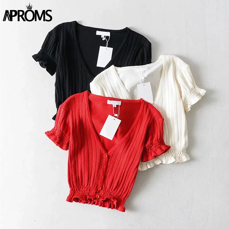 Aproms, элегантная, v-образная горловина, ребристая, Вязанная, укороченная блузка, рубашка, женская, с оборками, короткий рукав, кардиган с пуговицами, женский, облегающий, кроп-топ