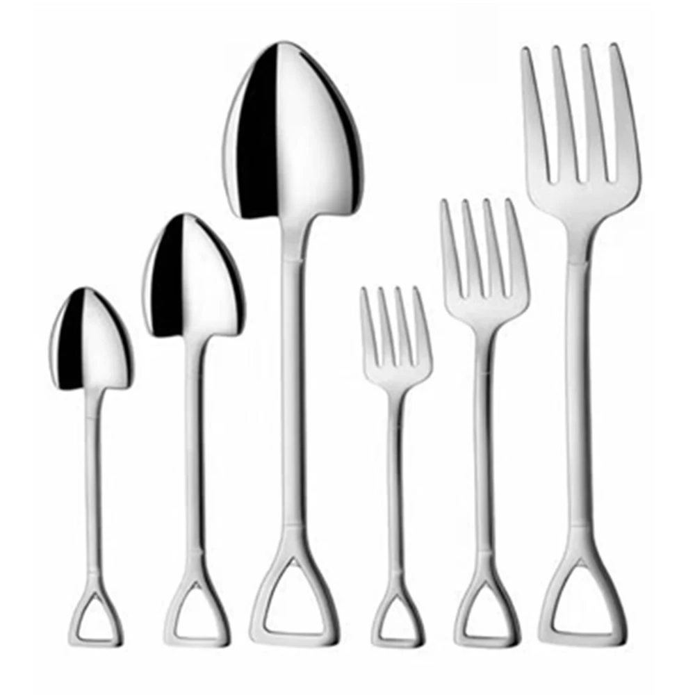 6PCS 6 шт., нержавеющая сталь, креативная форма лопаты, кофейные ложки, чайные вилки, столовая посуда, набор столовых приборов, кухонные принадлежности, посуда - Цвет: 6PCS