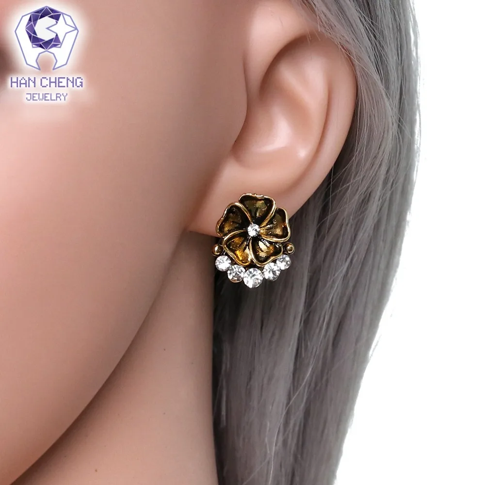 HanCheng новые винтажные серьги-клипсы с драгоценным камнем и цветком из горного