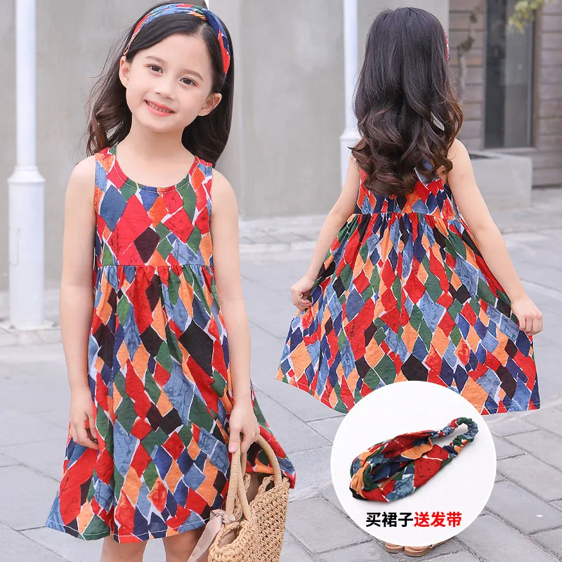 Kids Dresses for Girls Toddler Summer Dress Children 2019 Fashion Sleeveless Plaid Gift Headband 3 4 5 6 7 8 9 10 11 12 13 Years | Детская
