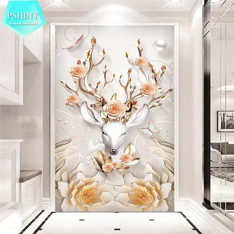 PSHINY 5D DIY Алмазная вышивка цветок олень животные картина полный комплект круглые