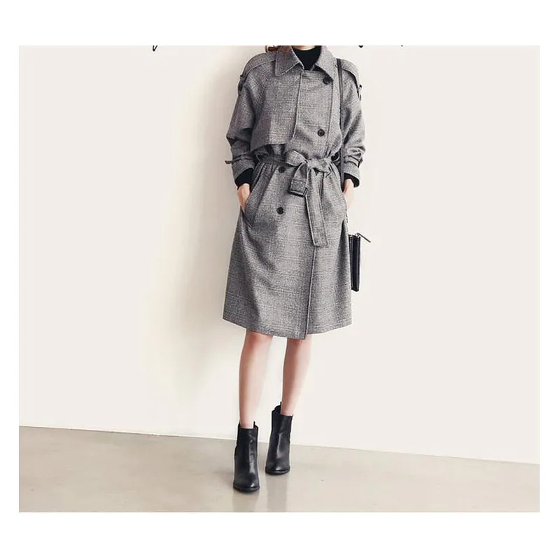 Женское длинное пальто в клетку повседневное шерстяное большого размера Осень