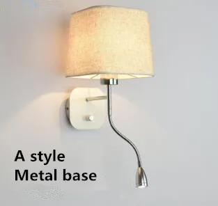 A metal base Светодиодный настенный светильник для гостиной, прикроватный настенный светильник с тканевым абажуром E27, светильник для чтения на кровать, домашнее освещение - Цвет абажура: A metal base