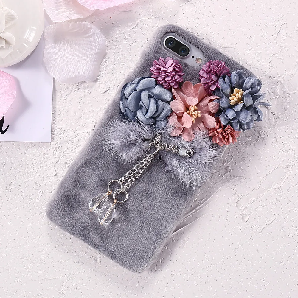 KISSCASE Luxury 3D Flowers Fur Cases Cover For iPhone 7 7Plus Phone Lovely Korean Back Apple 6 6S Plus |
