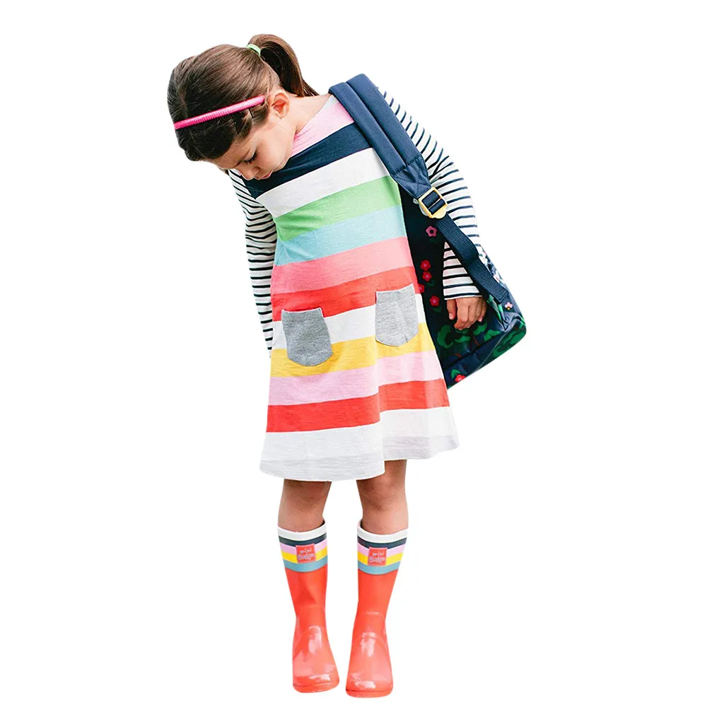 Baby girl dress Toddler Girls Striped Pocket Long sleeve Princess Casual Dress Outfits Girl clothes vestidos Dropshippping | Детская