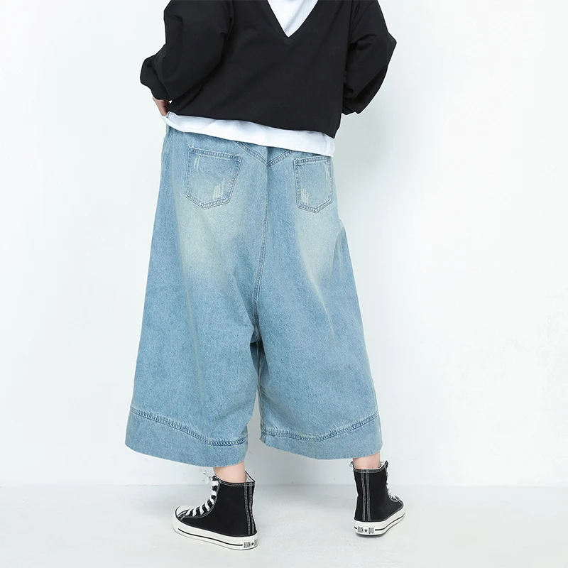 [LONGDENG] 2018 High Elastic Waist Light Blue Denim Holes Plus Size Women Wide Leg Pants Jeans Casual Trousers Fashion 18-3151 | Женская