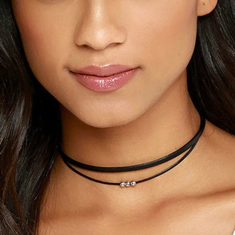

New Fashion Women Choker Double Layer Leather Beads Pendant Black Collar Necklace Jewelry