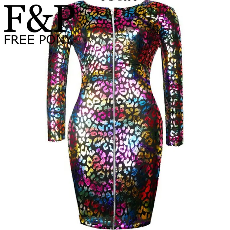 Sexy Colored Rainbow Leopard Faux Leather Zipper Front Bandage Pencil Dresses New 2015 Long Sleeve Women's Bodycon Midi Dress | Женская