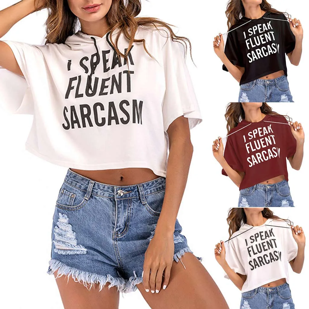 

JAYCOSIN 2019 Women Fashion hoodies women letter Print Drawstring Pink Short Sleeve Hooded Casual Crop Top Hooded Sweatshirts