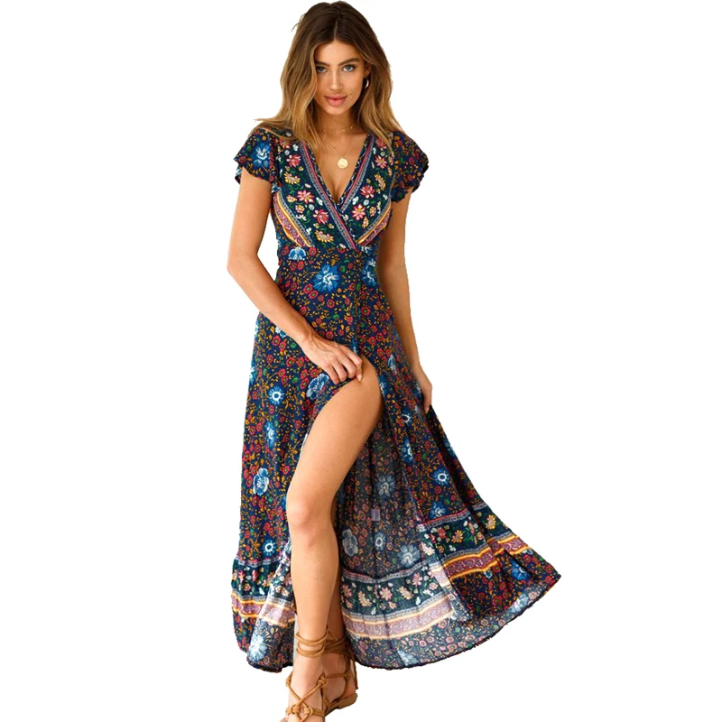 

Summer Dress Bohemian Women's Boho Short Sleeve V-Neck Front Split Floral Print Long Maxi Dress