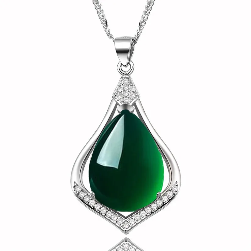 green 925 пробы Серебряное ожерелье с красным/зеленым камнем, Очаровательные Полые Подвески в форме капель воды для женщин, лучший подарок - Окраска металла: green