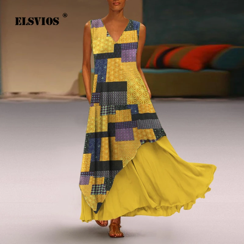 ELSVIOS Boho Для женщин с v-образным вырезом Цветочный принт вечерние платье летнее платье для причастия с оборками в стиле пэчворк без рукавов, длинное платье, пикантный комплект из двух предметов, комплект одежды из футболки в