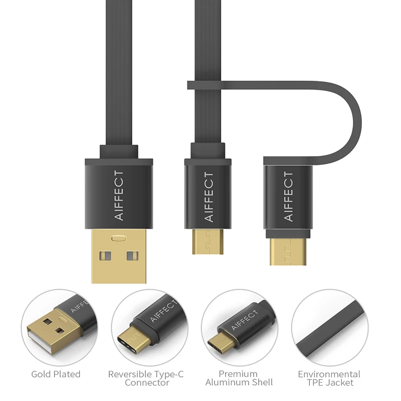 AIFFECT Micro usb type C USB 2 в 1 кабель синхронизации Быстрый заряд кабеля для
