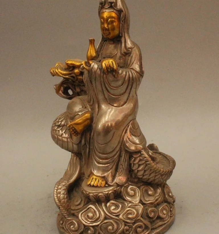 8 &quotКитайский Buddhiam Серебряный Gild Сиденья Дракон Кван-инь Бодхисаттвы Статуя | Дом