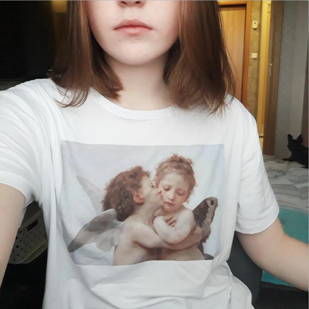 Белая рубашка Kawaii с принтом ангела летняя женская футболка коротким рукавом в